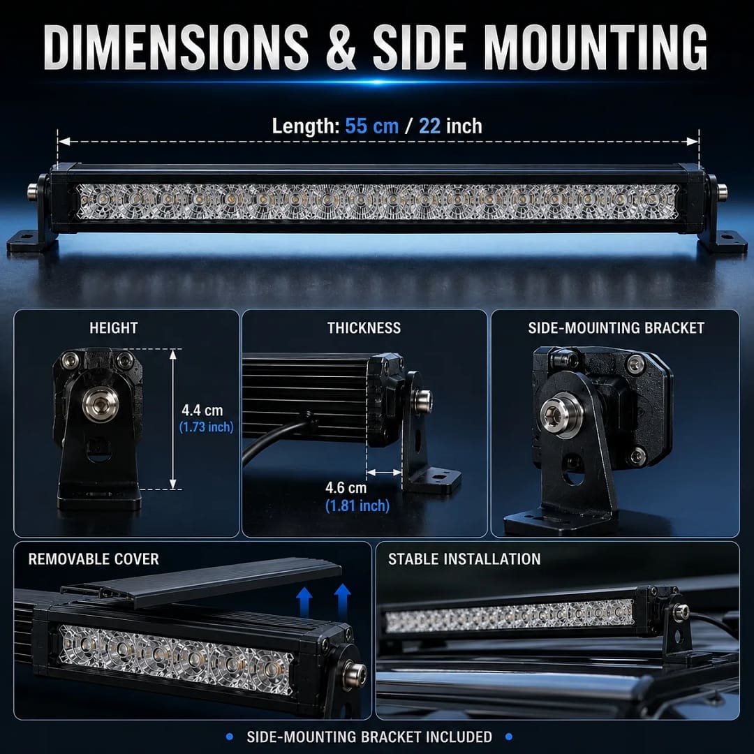 22 Inch 100W LED Light Bar dimensions and side mounting brackets