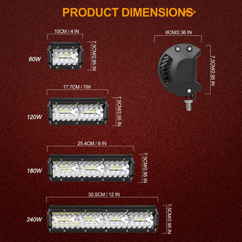 TEEHON 60W 90W 120W aluminum alloy bracket Combo beam led work light bars for UTV ATV Jeep Truck Boat Dimensions display