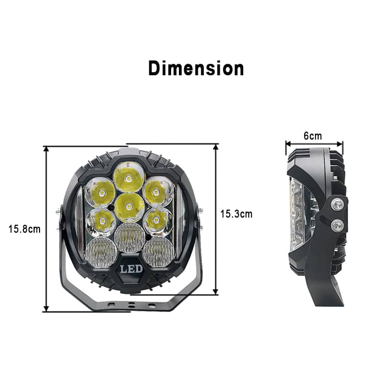 7 Inch 75W Amber Yellow LED Work Light Side Shooter Off Road Driving Ligh Dimensions